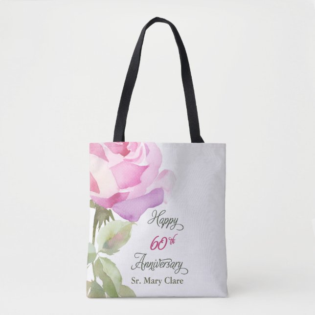 Nun 60th Anniversary Jubilee Custom Name Pink Rose Tote Bag (Front)