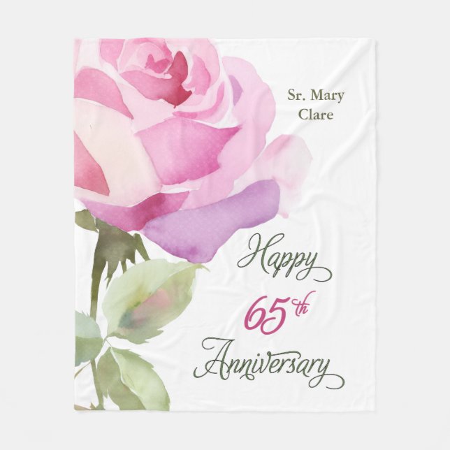 Nun 65th Anniversary Custom Name Pink Rose Fleece Blanket (Front)