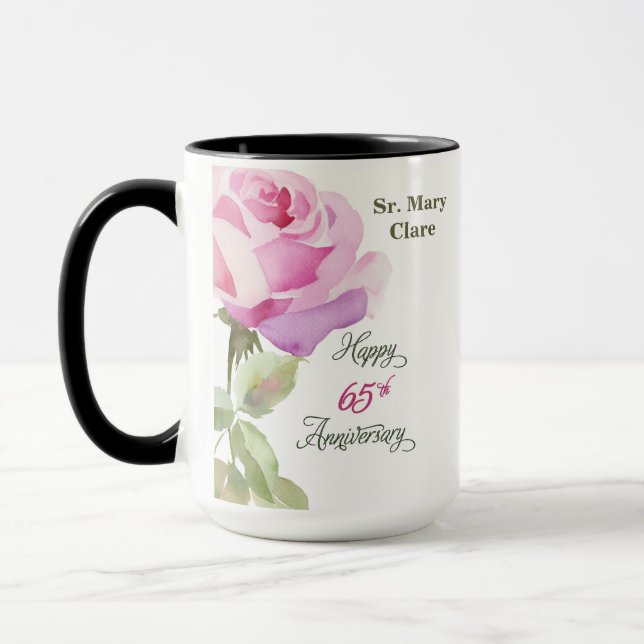Nun 65th Anniversary Custom Name Pink Rose Mug (Left)