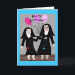 Nun Birthday Gifts "Happy Birthday Sister" Card<br><div class="desc">Catholic Nun Birthday card,  mugs,  tote bags,  postacards and buttons.  Two nuns,  one holding pink balloons.  Adorable!</div>