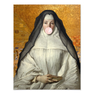 Nun Blowing a Pink Bubble gum Photo Print
