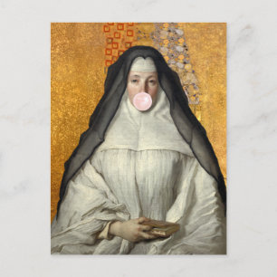 Nun Blowing a Pink Bubble gum Postcard