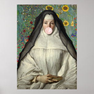 Nun Blowing a Pink Bubble gum Poster