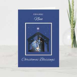 Nun Christmas Blessings Manger on Blue Card