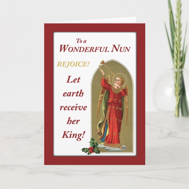 Nun Christmas Vintage Angel in Red Blowing Horn Holiday Card (Front)