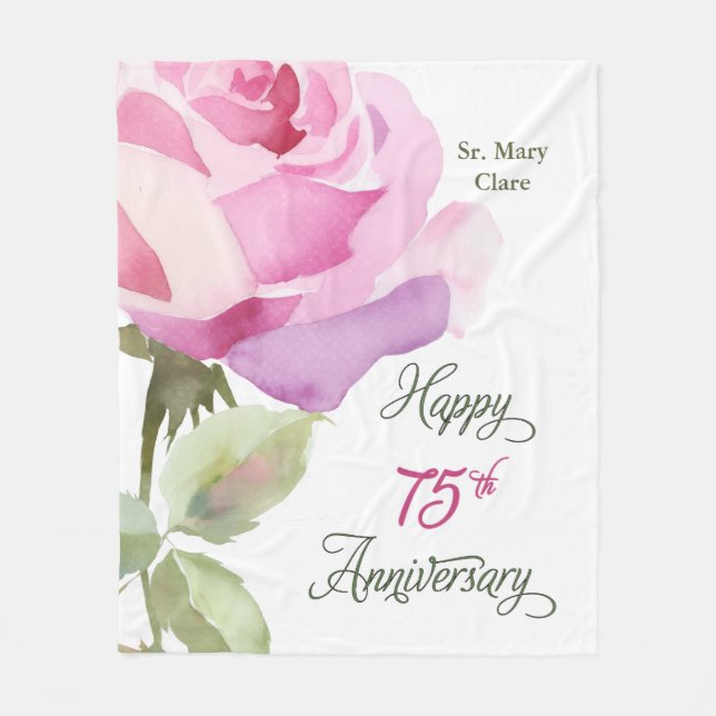 Nun Custom Name 75th Anniversary Pink Rose Fleece Blanket (Front)