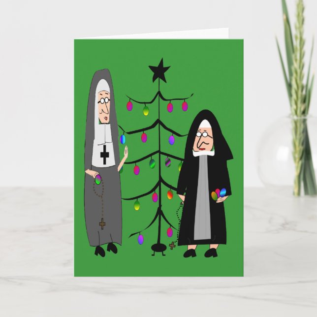 Nun Gifts "Decorating The Christmas Tree" Holiday Card (Front)