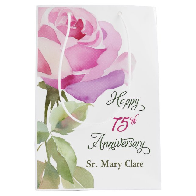 Nun Personalise 75th Anniversary Pink Rose Medium Gift Bag (Front)