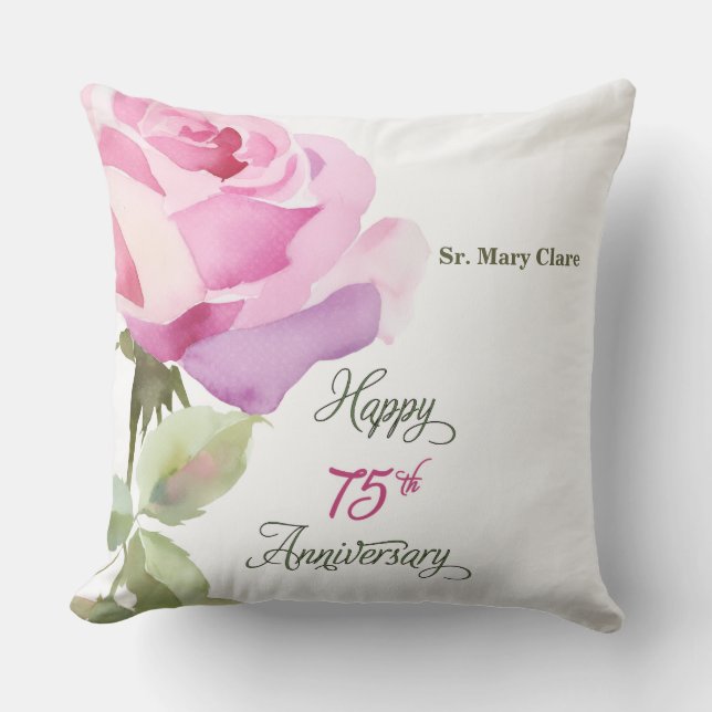 Nun Personalize 75th Anniversary Pink Rose Cushion (Front)