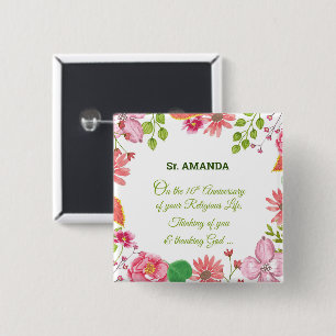 Nun Religious 10th Anniversary Watercolor Flowers 15 Cm Square Badge