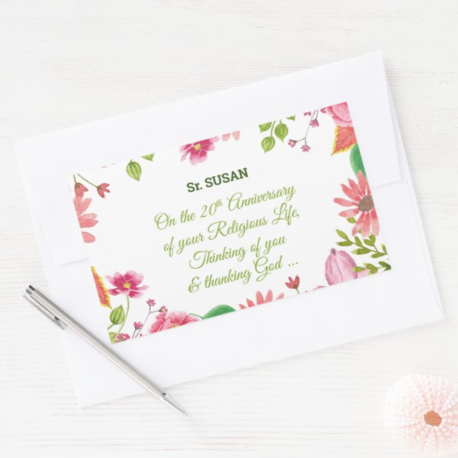 Nun Religious 20th Anniversary Watercolor Flowers Rectangular Sticker (Envelope)