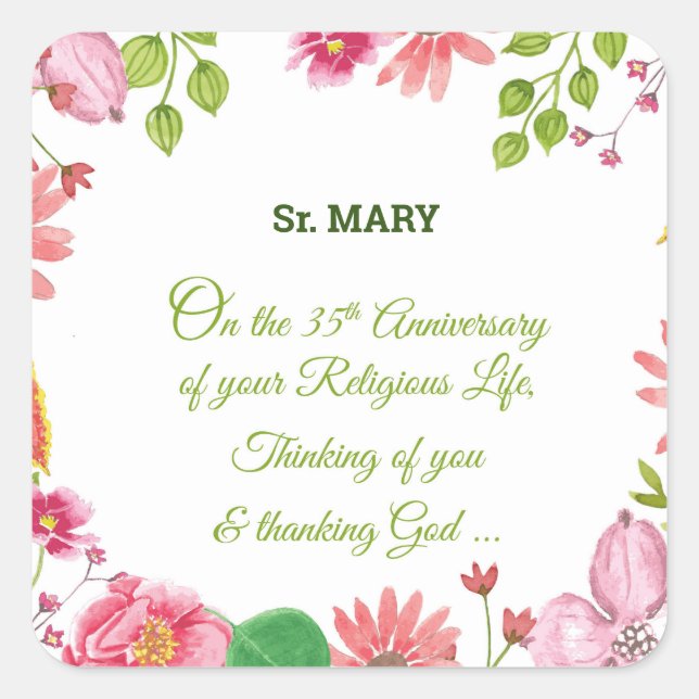 Nun Religious 35th Anniversary Watercolor Flowers Square Sticker (Front)
