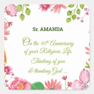 Nun Religious 40th Anniversary Watercolor Flowers Square Sticker