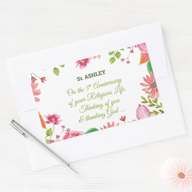 Nun Religious 5th Anniversary Watercolor Flowers Rectangular Sticker (Envelope)
