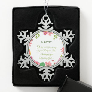 Nun Religious 60th Anniversary Watercolor Flowers Snowflake Pewter Christmas Ornament