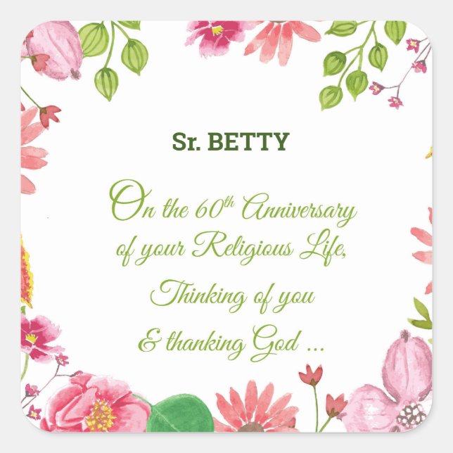 Nun Religious 60th Anniversary Watercolor Flowers Square Sticker (Front)