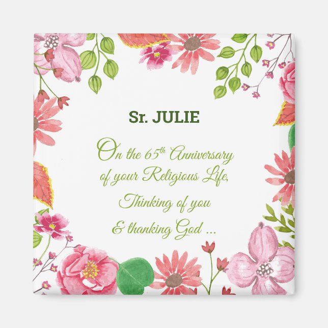 Nun Religious 65th Anniversary Watercolor Flowers Magnet (Front)