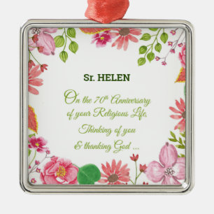Nun Religious 70th Anniversary Watercolor Flowers Metal Ornament