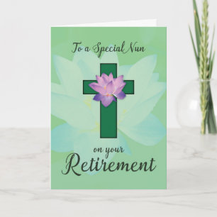 Nun Retirement, Lotus Flower on Green Cross Card