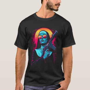 Nun with a Gun Holy Firearm Retro Synthwave Graphi T-Shirt