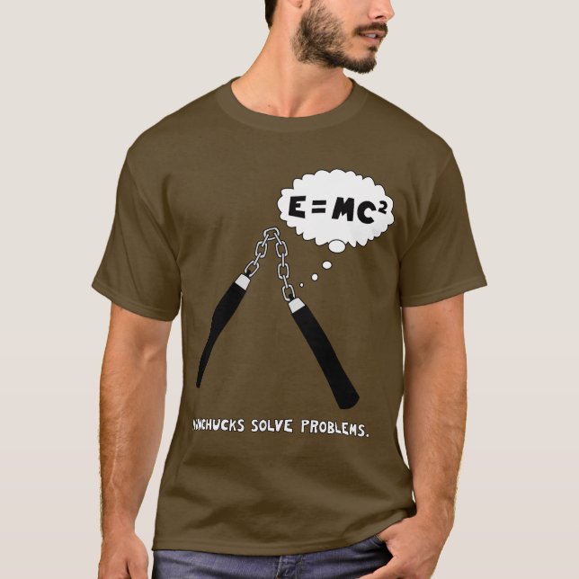 Nunchucks Solve Problems T-Shirt: Brown T-Shirt (Front)