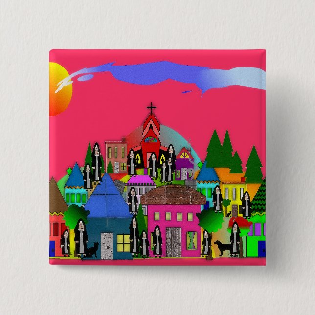 "Nuns of the Village" Whimsical Art Gifts 15 Cm Square Badge (Front)