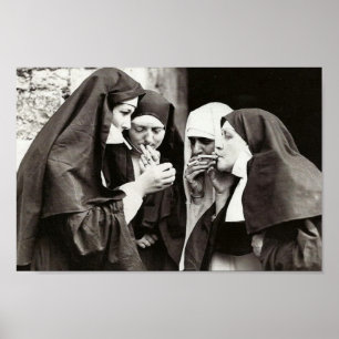 Nuns Smoking Vintage Photography 12x8in Poster
