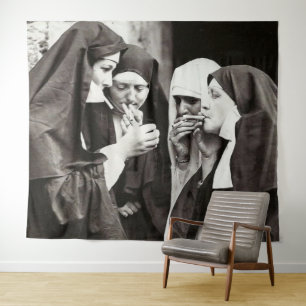 Nuns Smoking Vintage Photography Tapestry