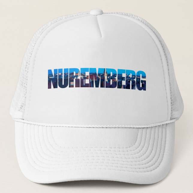 Nuremberg text composed of night old town view trucker hat (Front)