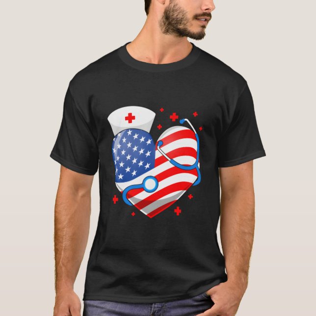 Nurse 4Th Of July American Flag He Stethoscope Nur T-Shirt (Front)