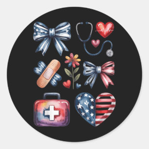 Nurse 4th of July Coquette Bow Red White Blue USA Classic Round Sticker