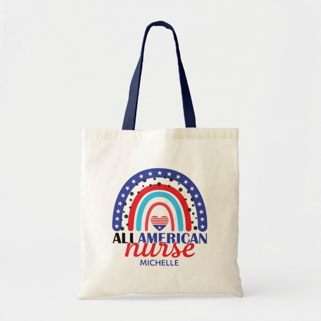 Nurse All American Flag Rainbow Name Tote Bag (Front)