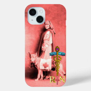 NURSE AND RESCUE DOG /Gold Caduceus RN Emblem iPhone 15 Case