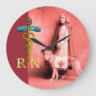 NURSE AND RESCUE DOG /Gold Caduceus RN Emblem Large Clock