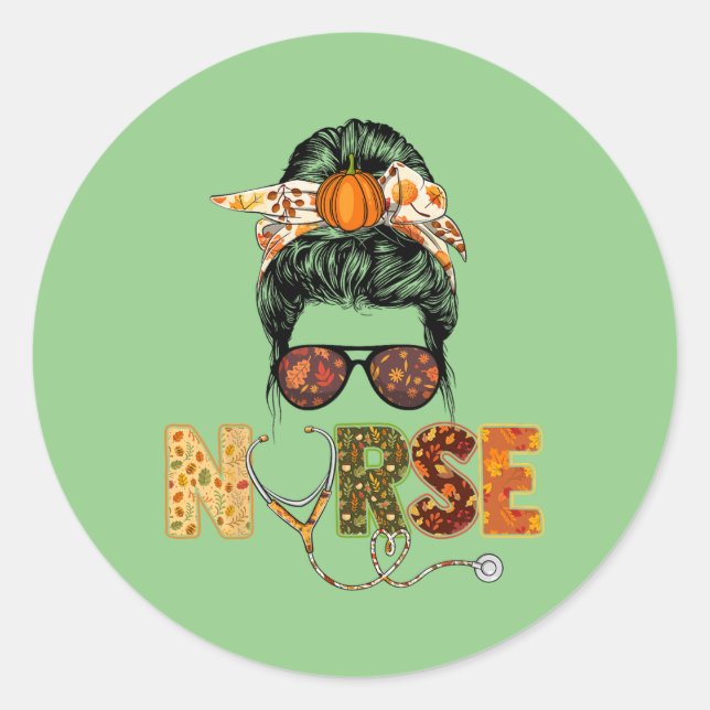 Nurse Autumn Fall Thanksgiving Stethocope Scrub RN Classic Round Sticker (Front)