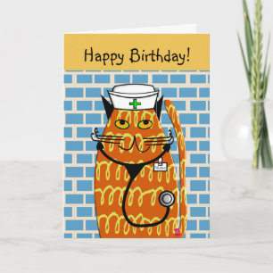 Nurse Birthday Card Whimsical Cat Nurse II