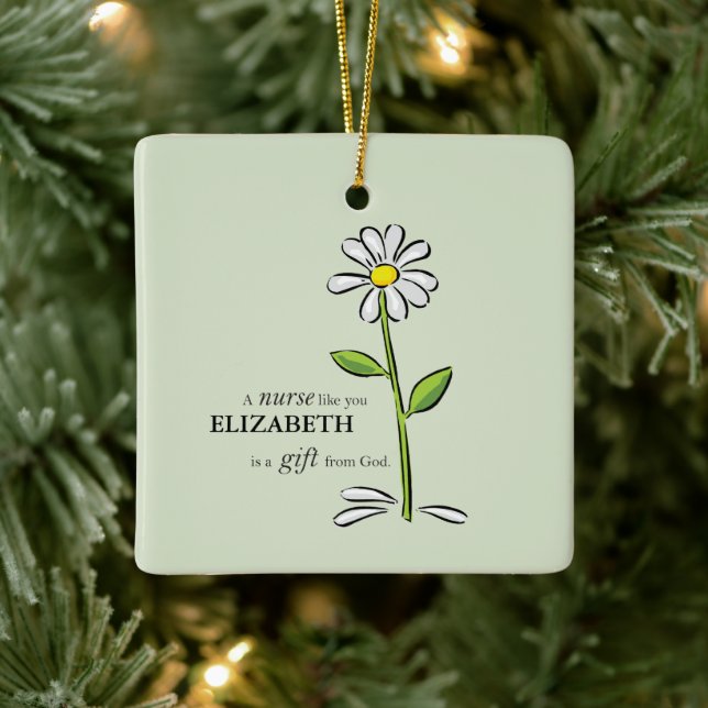 Nurse Birthday Religious Green Daisy Personalised Ceramic Ornament (Tree)