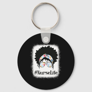 Nurse Black Afro Messy Bun African American Women Key Ring