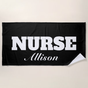 Nurse Black and White Stylish Script Personalised Beach Towel