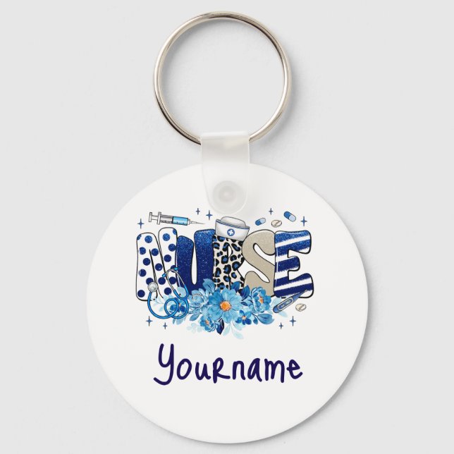 Nurse blue bold glittery animal pattern, flowers key ring (Front)