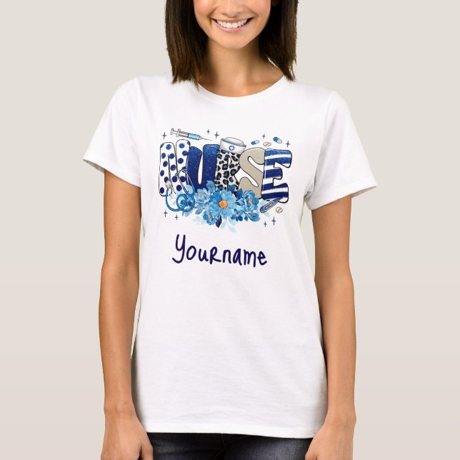 Nurse blue bold glittery animal pattern, flowers T-Shirt (Front)