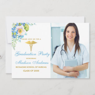 Nurse Blue Floral Gold Grad Party Invite