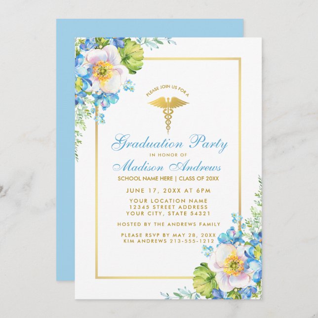 Nurse Blue Floral Gold Grad Party Invite B (Front/Back)