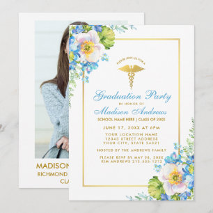 Nurse Blue Floral Grad Party Invite B - Photo Back