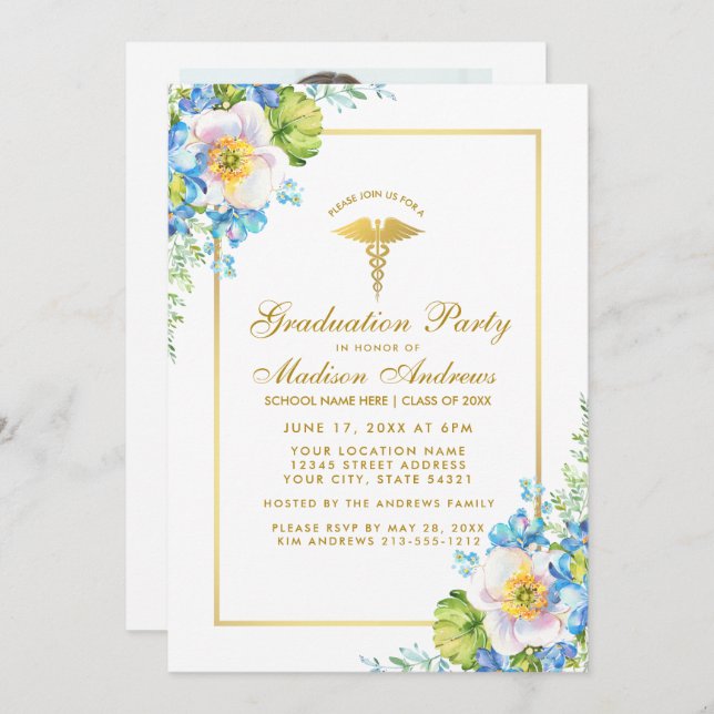 Nurse Blue Floral Grad Party Invite - Photo Back (Front/Back)