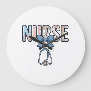 Nurse Bow Stethoscope Vintage Floral Large Clock