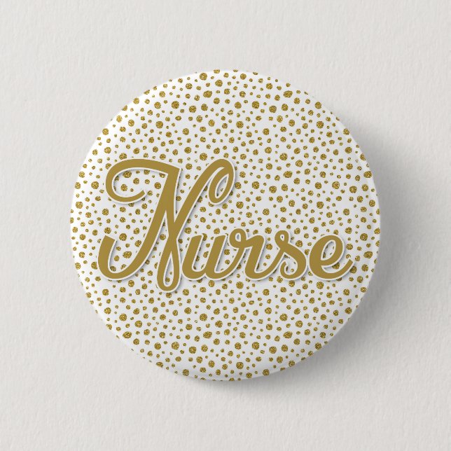 Nurse Button Pin - Gold White Faux Glitter Dots (Front)