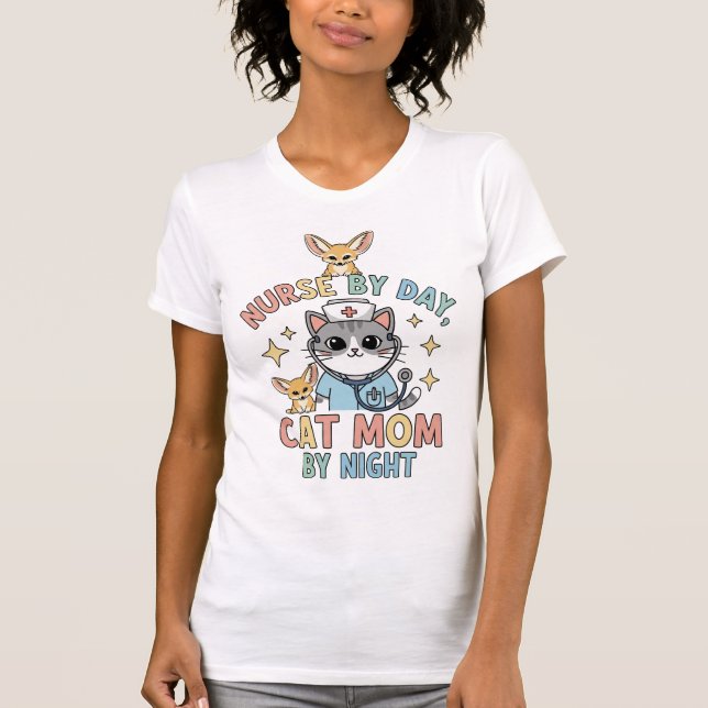Nurse by Day, Cat Mum by Night – Cute Cat Design T-Shirt (Front)