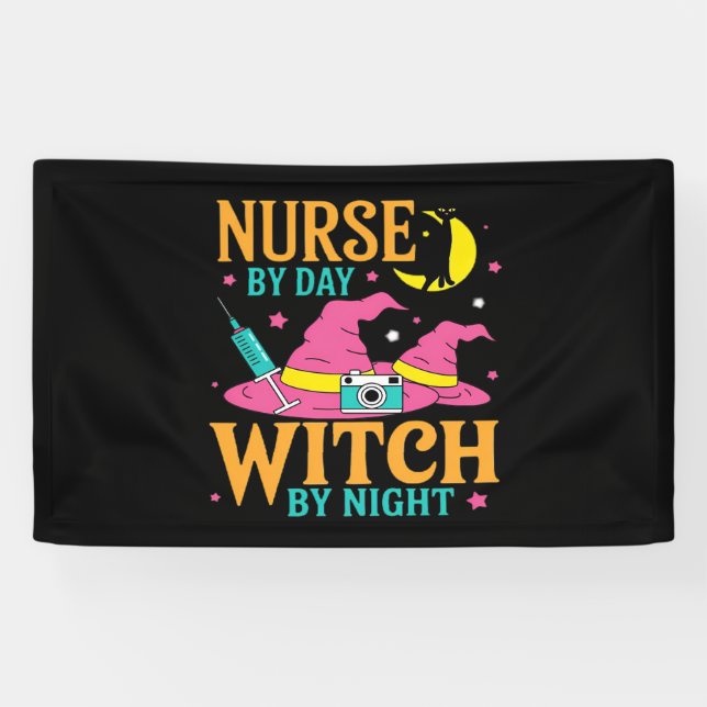 Nurse by Day, Witch by Night Cat Halloween Classic Banner (Horizontal)