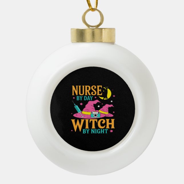 Nurse by Day, Witch by Night Cat Halloween Classic Ceramic Ball Christmas Ornament (Front)